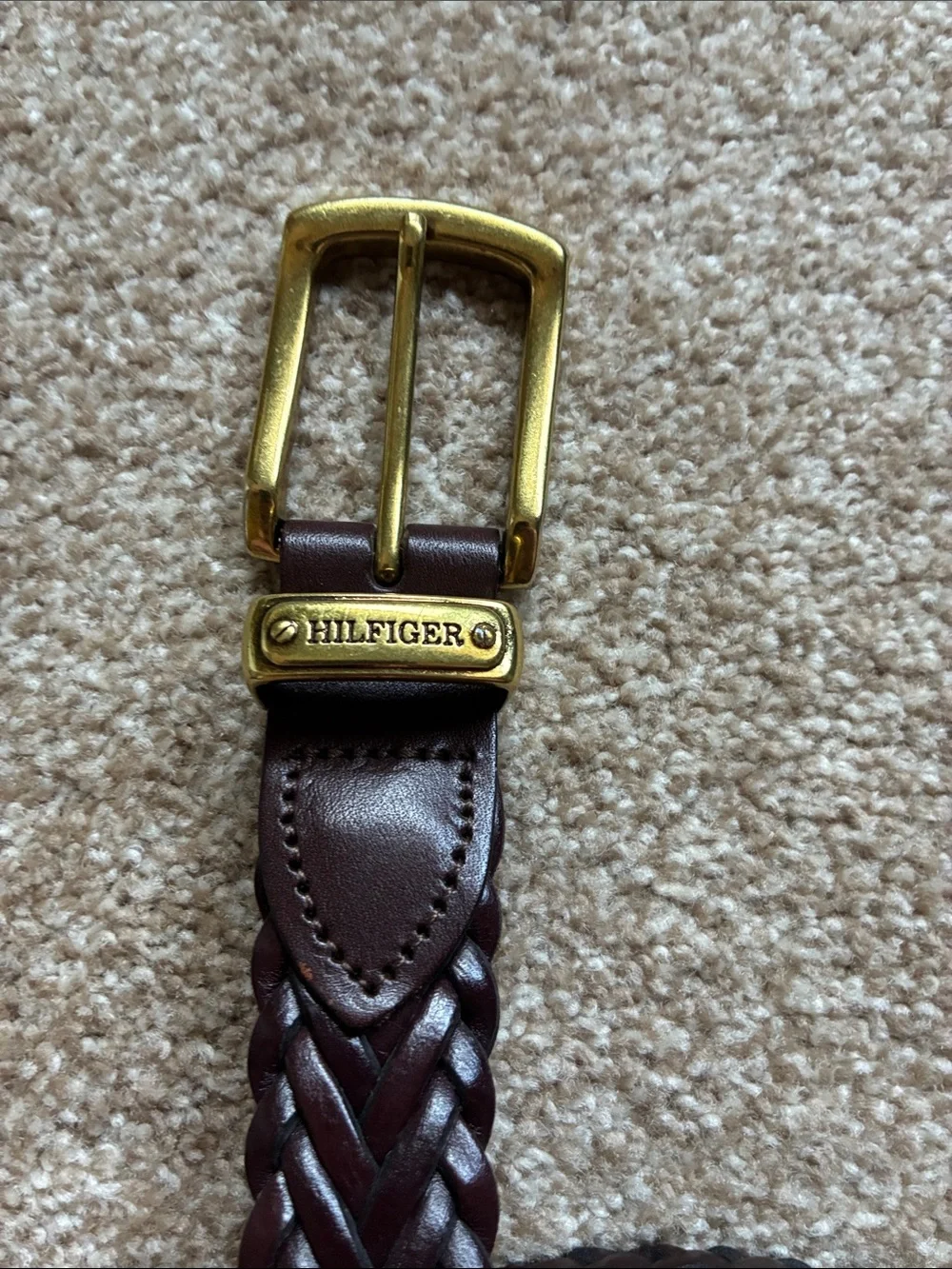 Tommy Hilfiger Braided Brown Leather Belt with Brass Buckle